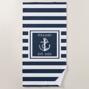 Navy-Blue-Streifen-Marineanker-Familien-Boot-Name Strandtuch