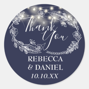Navy Blue String Lights Floral Vielen Dank Runder Aufkleber