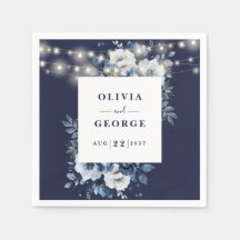 Navy Blue String Lights Floral Wedding Napkin