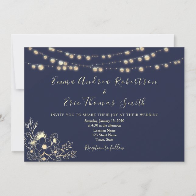 Navy Blue String Lights Hochzeiten QR Code Einladu Einladung (Vorderseite)