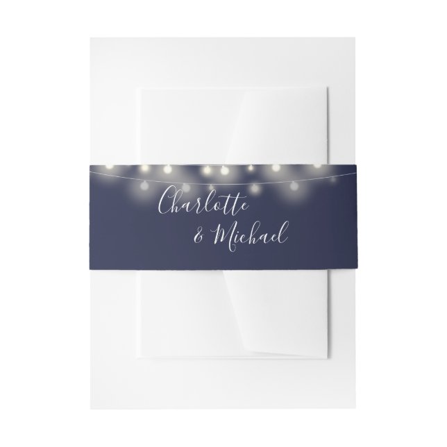Navy Blue String Lights Signature Script Einladungsbanderole (Vorderseite Beispiel)