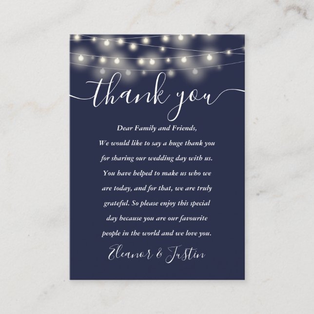 Navy Blue String Lights Wedding Thank You Place  Platzkarte (Vorderseite)