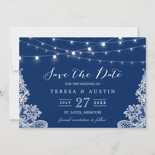 Navy Blue String Lights White Lace | SAVE THE DATE (Vorderseite)