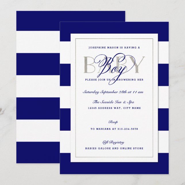 Navy Blue Stripe Baby Boy Dusche Imitate Silver Einladung (Vorne/Hinten)