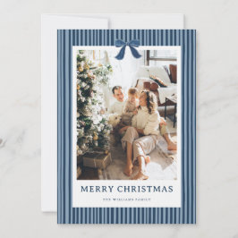 Navy Blue Stripe Bow Christmas Photo Holiday Card Feiertagskarte