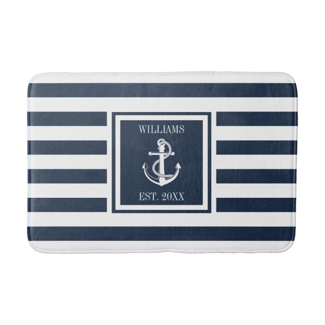 Navy Blue Stripe Familienname Nautical Anchor Badematte (Vorderseite)