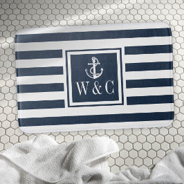 Navy Blue Stripe Monogram Initials Nautical Anchor Badematte