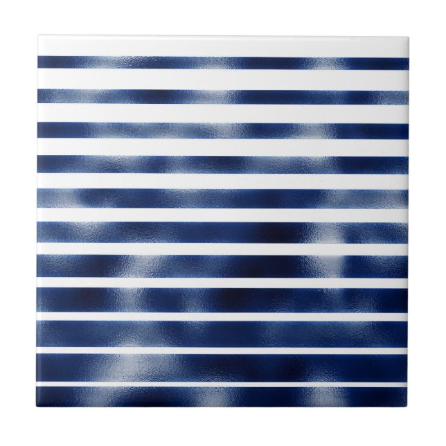 Navy Blue Stripe Muster Imitat Metallfolie weiß Fliese (Vorderseite)
