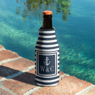 Navy Blue Stripe Nautical Anchor Monogram Flaschenkühler
