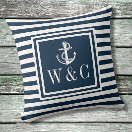 Navy Blue Stripe Nautical Anchor Monogram Kissen