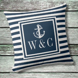 Navy Blue Stripe Nautical Anchor Monogram Kissen