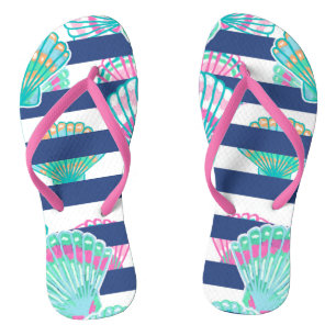 Navy Blue Stripe Seashell Flip Flops