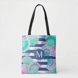 Navy Blue Stripe Seashell Monogram Tasche