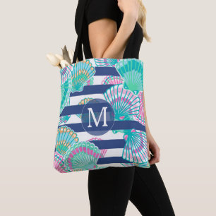 Navy Blue Stripe Seashell Monogram Tasche