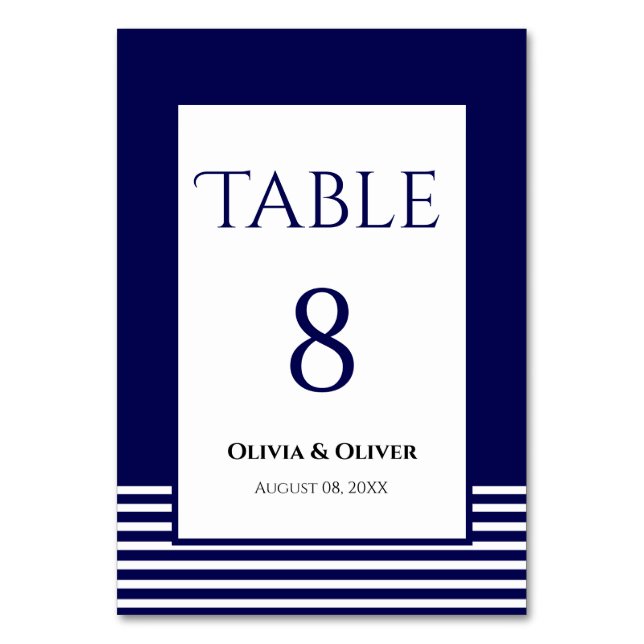 Navy Blue Striped Wedding Tischnummer (Vorderseite)