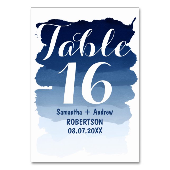 Navy Blue Stripes Aquarellfarbe Ober Tischnummer (Vorderseite)