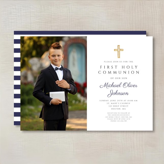 Navy Blue Stripes Boy First Kommunion Foto Einladung (Navy Blue Stripes Boy First Communion Photo Invitation)