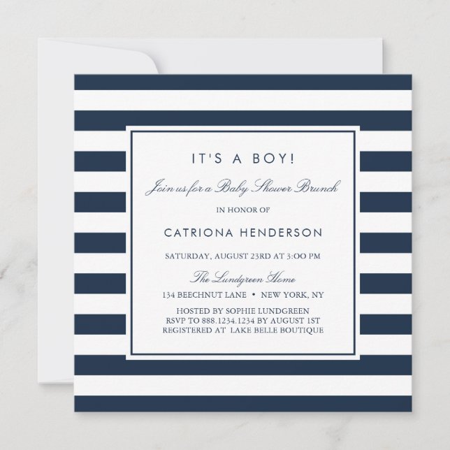 Navy Blue Stripes Es ist ein Boy Baby Dusche Brunc Einladung (Vorderseite)