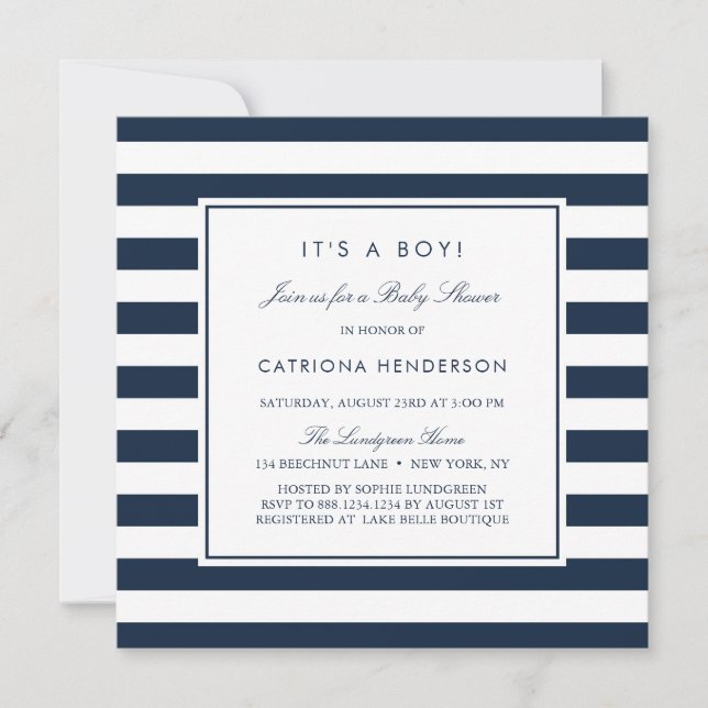 Navy Blue Stripes Es ist eine Baby-Dusche Einladung (Vorderseite)