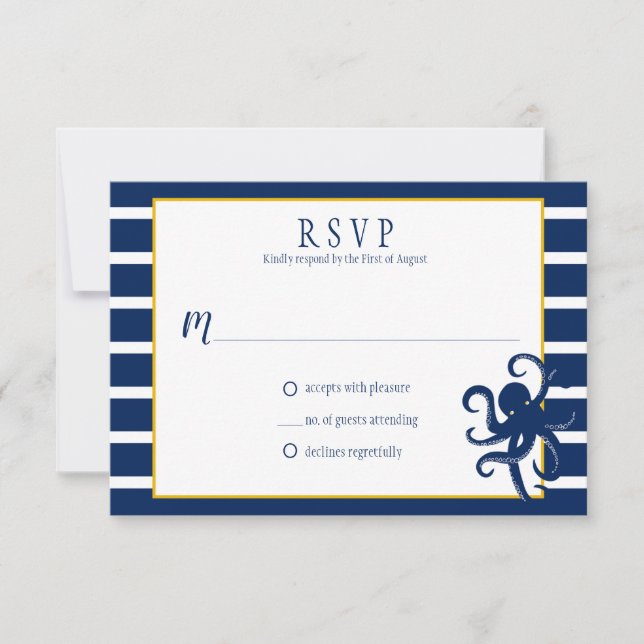 Navy Blue Stripes Gold Details Nautische UAWG | RSVP Karte (Vorderseite)