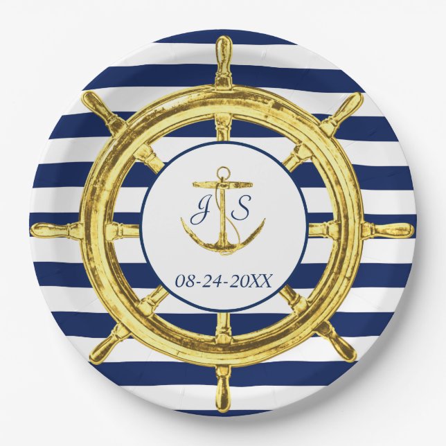 Navy Blue Stripes Gold Nautical Wedding Pappteller (Vorderseite)