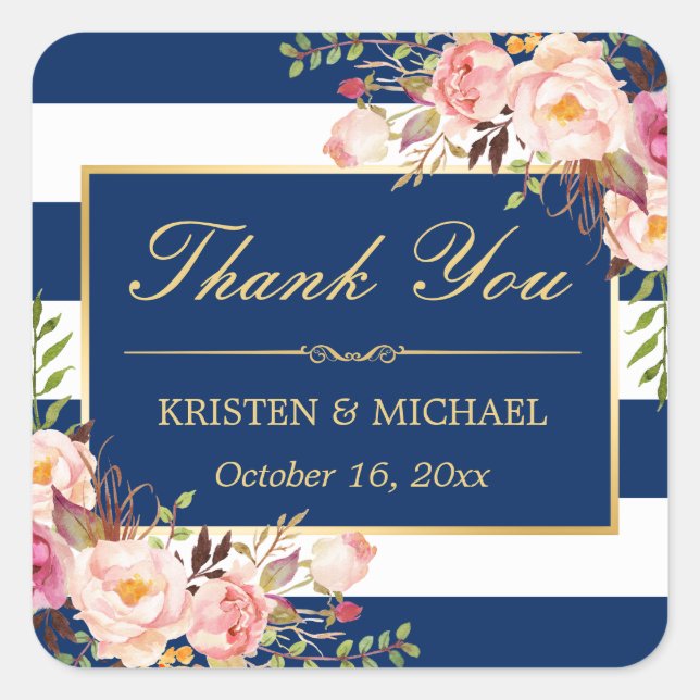 Navy Blue Stripes Gold Pink Floral Vielen Dank Quadratischer Aufkleber (Vorderseite)