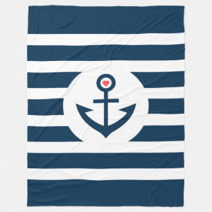 Navy-Blue Stripes & Nautical Boat Anchor Fleecedecke