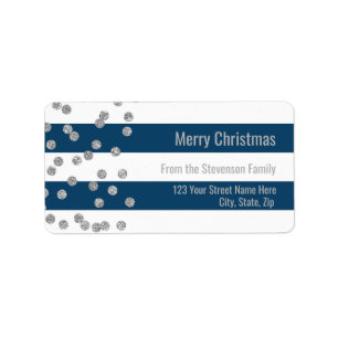 Navy Blue Stripes Silver Confetti Frohe Weihnachte Adressaufkleber