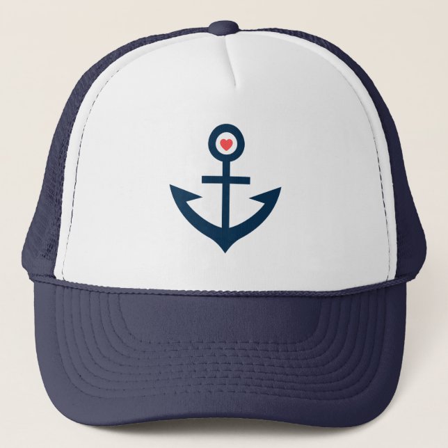 Navy Blue Styliated Nautical boat Anchor Truckerkappe (Vorderseite)