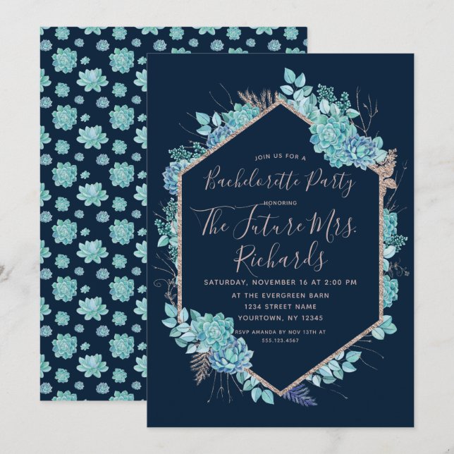 Navy Blue Succulents Junggeselinnen-Abschied Einla Einladung (Vorne/Hinten)