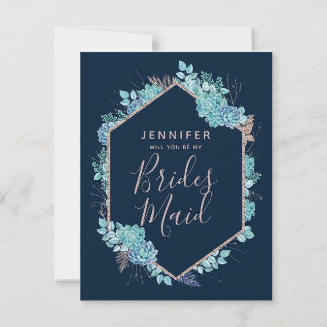 Navy Blue Succules werden Sie meine Bridesmaid sei Einladung (Vorderseite)