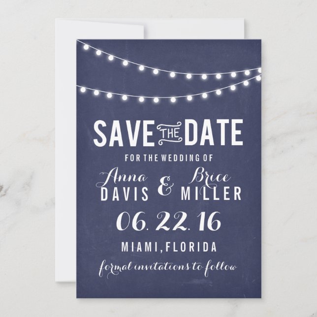 Navy Blue Summer String Light Save the Date (Vorderseite)