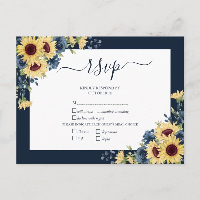 Navy Blue Sunflower Botanical Script Wedding RSVP Einladungspostkarte (Vorderseite)
