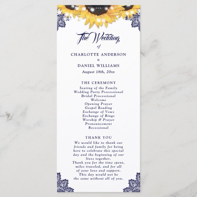 Navy Blue Sunflower Floral Lace Wedding Program Programm (Vorderseite)