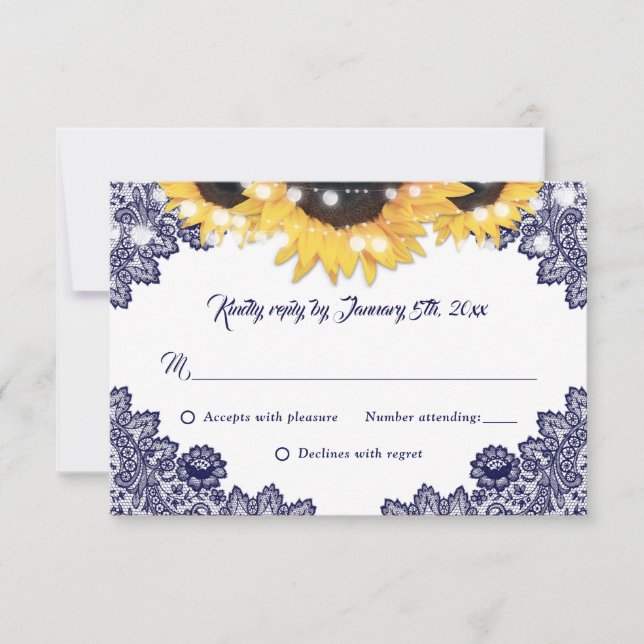 Navy Blue Sunflower Lace Burlap Hearts Wedding RSVP Karte (Vorderseite)