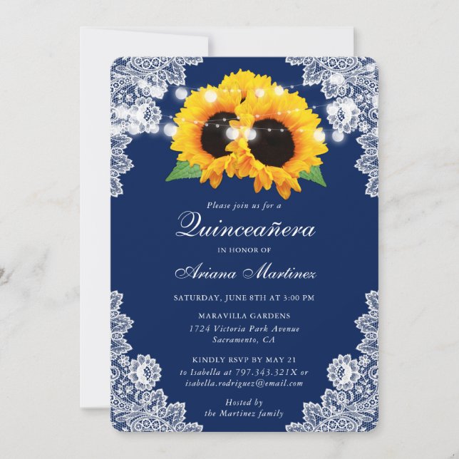 Navy Blue Sunflower Quinceañera Einladung (Vorderseite)