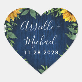 Navy Blue Sunflower Rustic Gastgeschenke Hochzeite Herz-Aufkleber