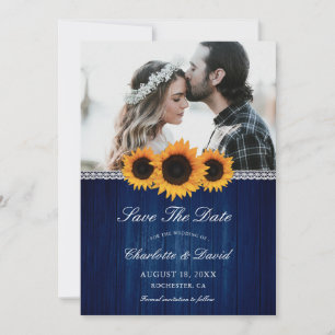Navy Blue Sunflower Save the Date Foto Cards