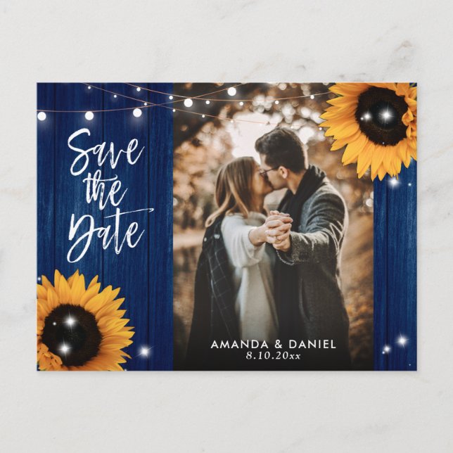 Navy Blue Sunflower Save the Date Foto Postcard Ankündigungspostkarte (Vorderseite)