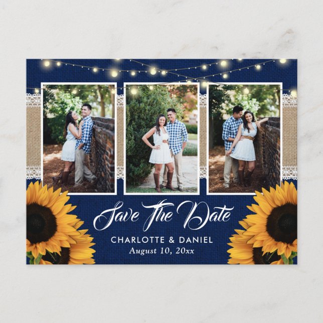 Navy Blue Sunflower Save the Date Foto Postkarten (Vorderseite)