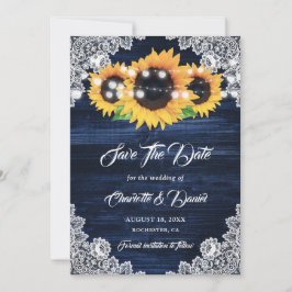 Navy Blue Sunflower String Lights Floral Lace Wood Save The Date