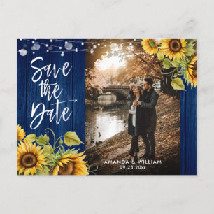 Navy Blue Sunflower Wedding Photo Save The Date Ankündigungspostkarte