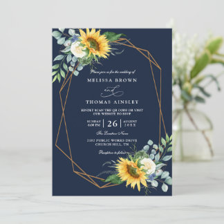 navy blue Sunflower white peony qr code wedding Einladung