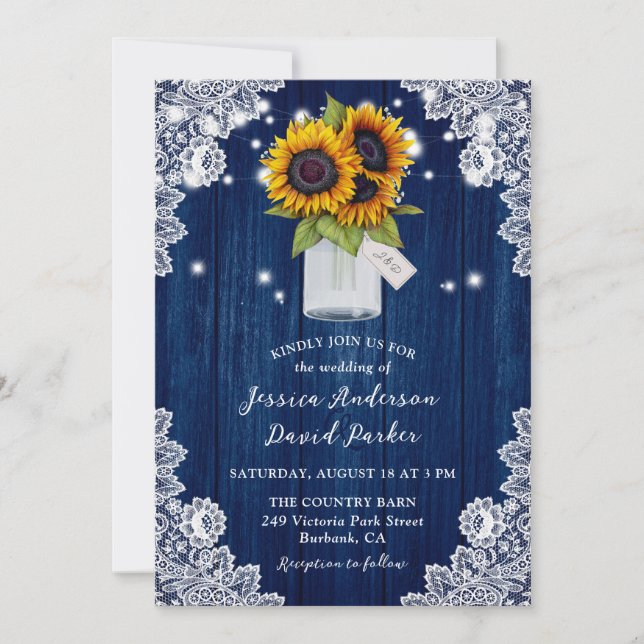 Navy Blue Sunflower Wood Lace Mason Jar Wedding Einladung (Vorderseite)