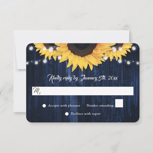 Navy Blue Sunflower Wood String Lights Wedding RSVP Karte (Vorderseite)