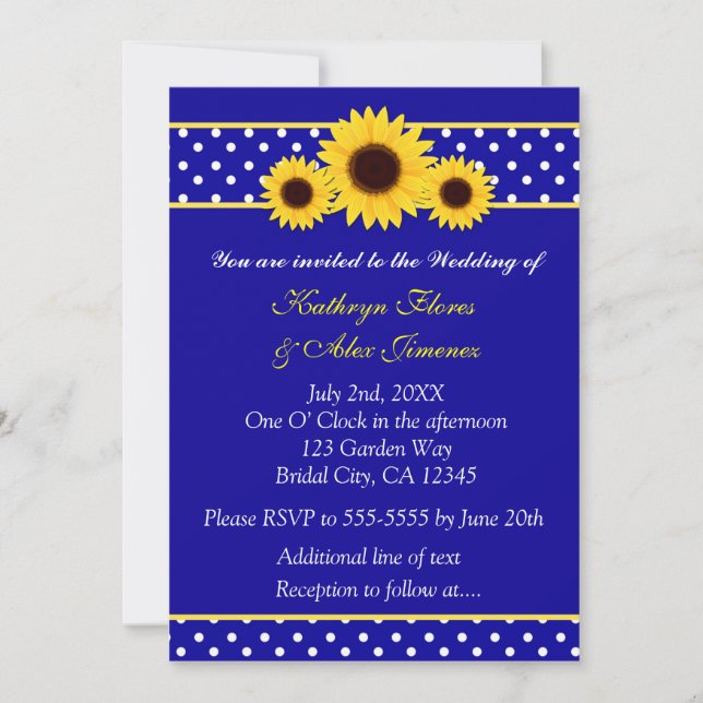 Navy Blue Sunflowers Polka Dot Wedding Einladung (Vorderseite)
