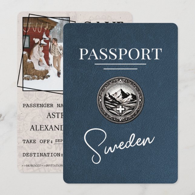 Navy Blue Sweden Passport Save the Date (Vorne/Hinten)