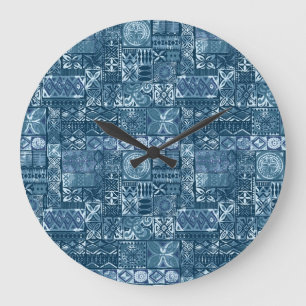 Navy Blue Tapa: Tribalstoff abstrakt Große Wanduhr