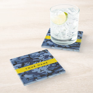Navy-Blue-Tarnmuster Ihren Namen personalisieren Glasuntersetzer