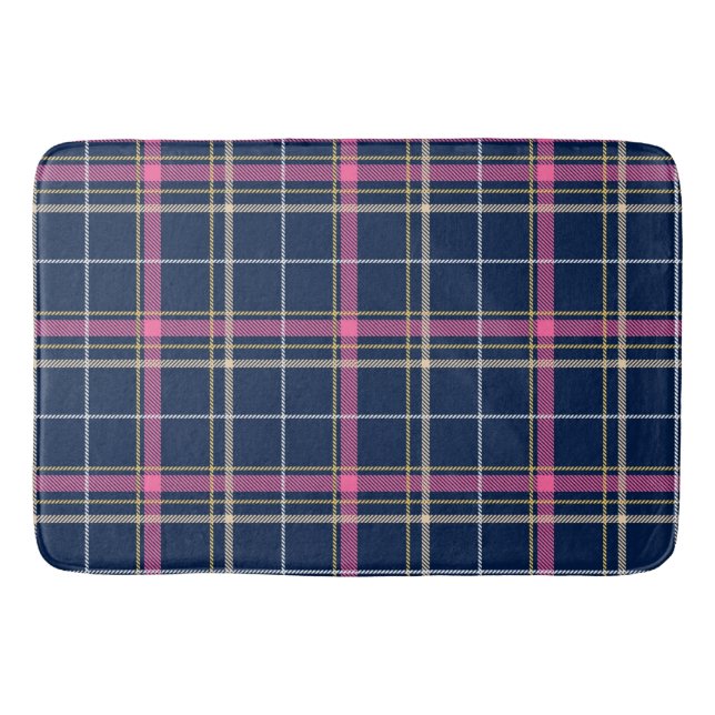 Navy Blue Tartan Kariert mit Pink White Beige Badematte (Vorderseite)